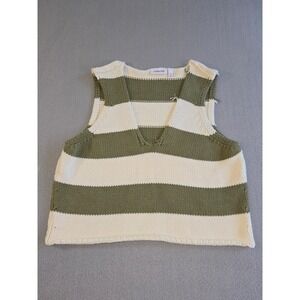 Willow + Root Sweater Vest Womens Small Green Striped V-Neck Cotton Blend Knit